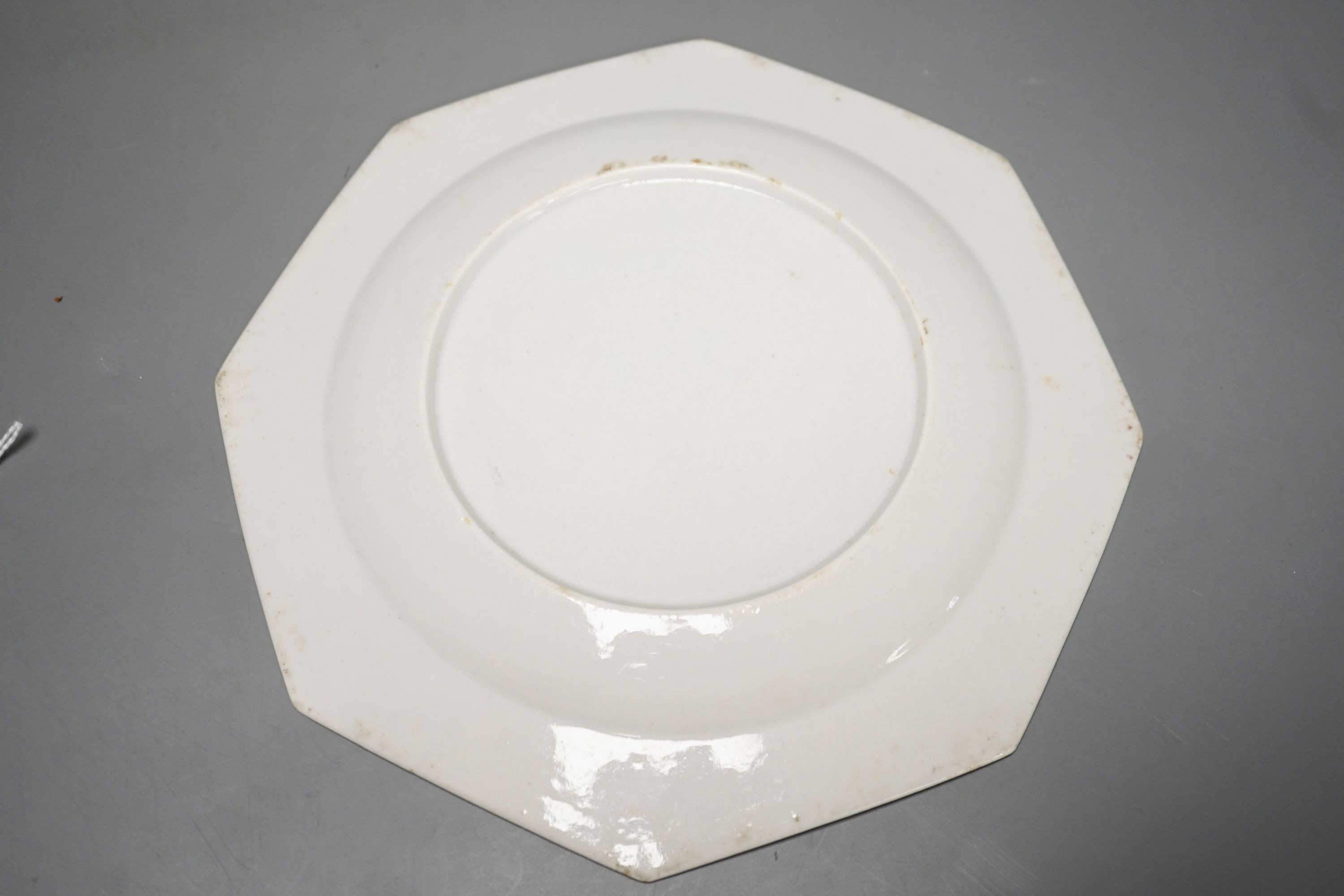 A good Bow octagonal plate painted in kakiemon style with the Two Quail bowl pattern c. 1755-58, 21cm